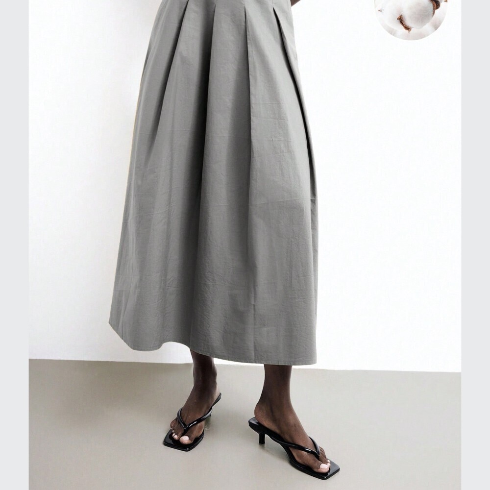 Gray Cotton Pleated Midi Skirt